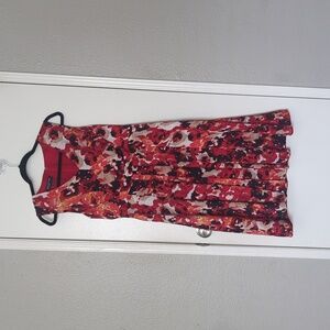 Jones New York Red Multi Floral V-Neck Fit-and-Flare Midi Dress Sz 8